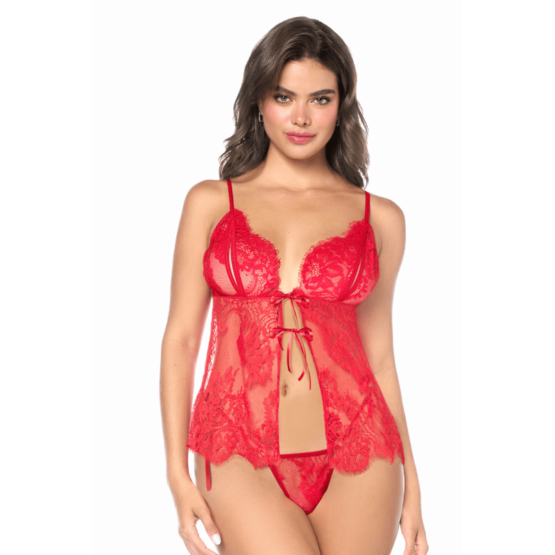 Babydoll rouge en dentelle avec lien devant porté de face