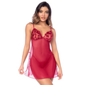 Babydoll rouge transparent avec dentelle porté de face
