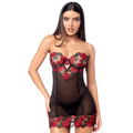 Babydoll noir transparent à broderies de roses rouges porté de face