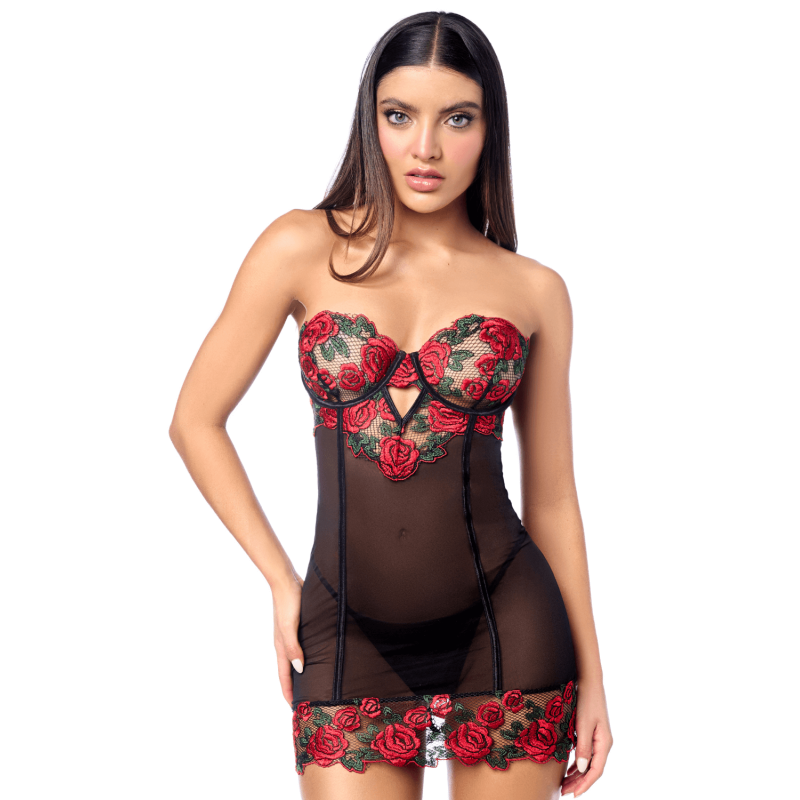 Babydoll noir transparent à broderies de roses rouges porté de face