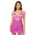 Babydoll violet transparent à broderies florales porté de face