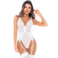 Body blanc en dentelle avec jarretelles intégrées porté de face