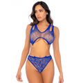 Mapalé Body résille bleu avec chaînes dorées – porté de face