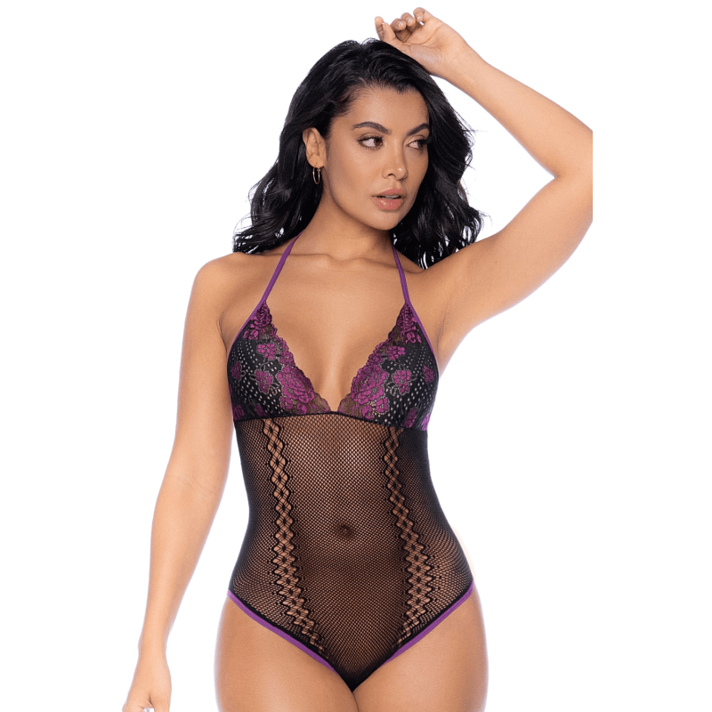 Mapalé Body noir et violet avec mitaines – porté de face