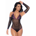 Mapalé Body noir et violet avec mitaines – porté de face avec mitaines